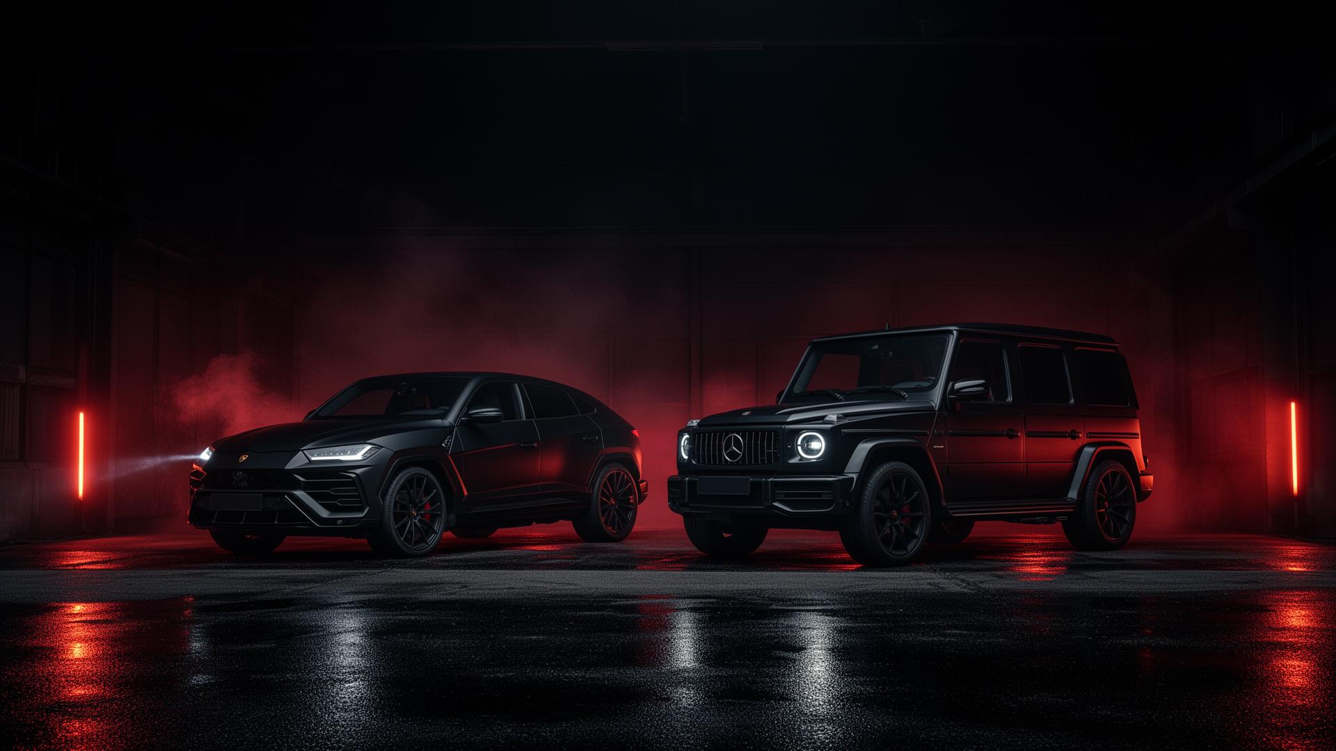 Lamborghini Urus and Mercedes-AMG G63 in luxury garage